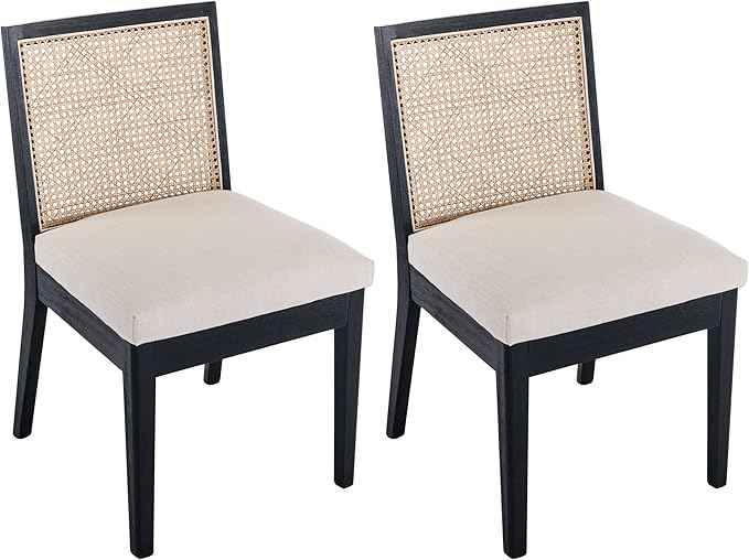 VESCASA Upholstered Dining Chairs with Square Rattan Back, Armless Padded Linen Cushion Dining Chairs with Wood Legs for Dining Room, Kitchen, Set of 2, Black Frame