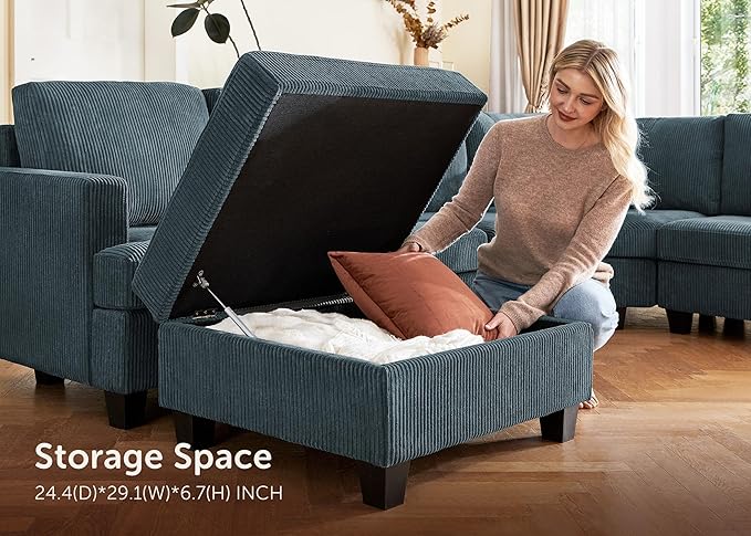 Nolany Sectional Couch with Storage Ottoman, Corduroy Sleeper Sectional Sofa with Chaise, Modular Sectional Couches for Living Room, Blue