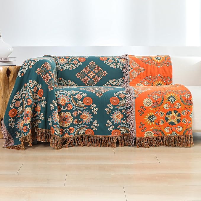 Throw Blanket for Couch Bed Chair,100% Cotton Soft Lightweight Blanket Rustic Quilt -Orange Floral Printed Farmhouse Decor Bed All Season Blankets,80