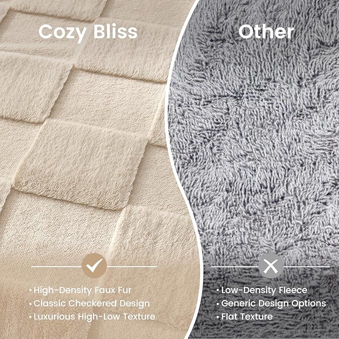 Cozy Bliss Checkered White Faux Rabbit Fur Throw Blanket, Soft Fuzzy Fluffy Minky Cream Furry Blankets for Couch, Bed (Tan, King(108