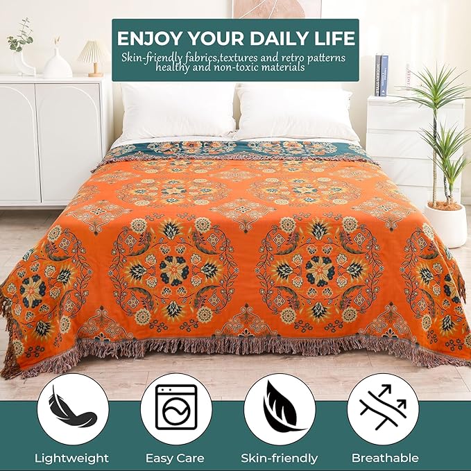 Throw Blanket for Couch Bed Chair,100% Cotton Soft Lightweight Blanket Rustic Quilt -Orange Floral Printed Farmhouse Decor Bed All Season Blankets,80