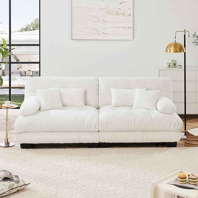 Loveseat Modular Sectional Sofa, Cloud Couch 2 Seater Sectional Couch Home Sofa Living Room Oversized Couch, Modern Deep Seat Couch with Chaise with Round Bolster Armrests 4 Pillows(White)