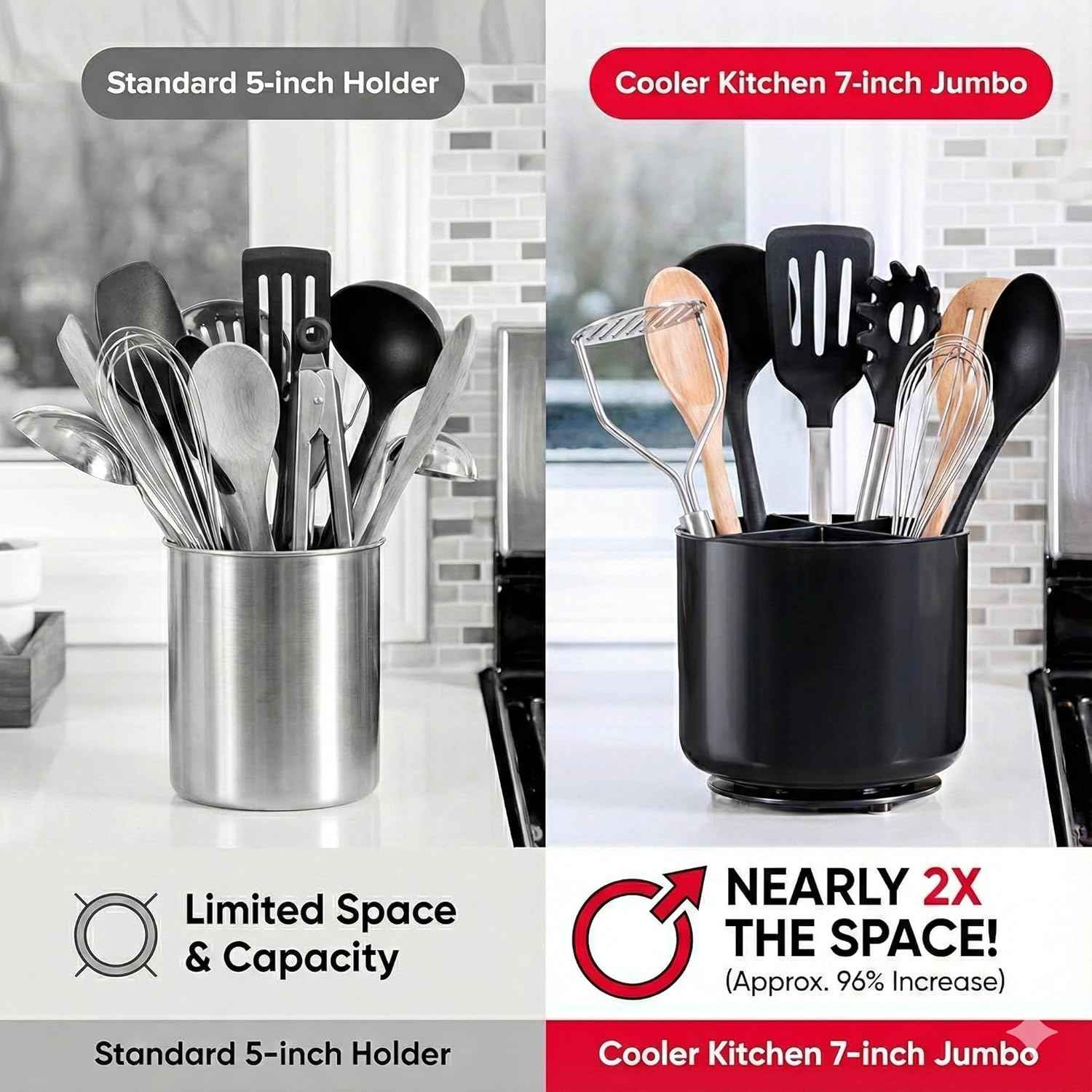 Cooler Kitchen Extra Large and Sturdy Rotating Utensil Holder Caddy with No-Tip Weighted Base, Removable Divider, and Gripped Insert | Rust Proof and Dishwasher Safe