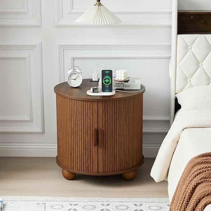 Farmhouse Round End Table with Charging Station, 24" Large Fluted Sofa Side Table with Sliding Tambour Door & Storage, Mid-Century Wood Nightstand for Living Room, Bedroom (Walnut)