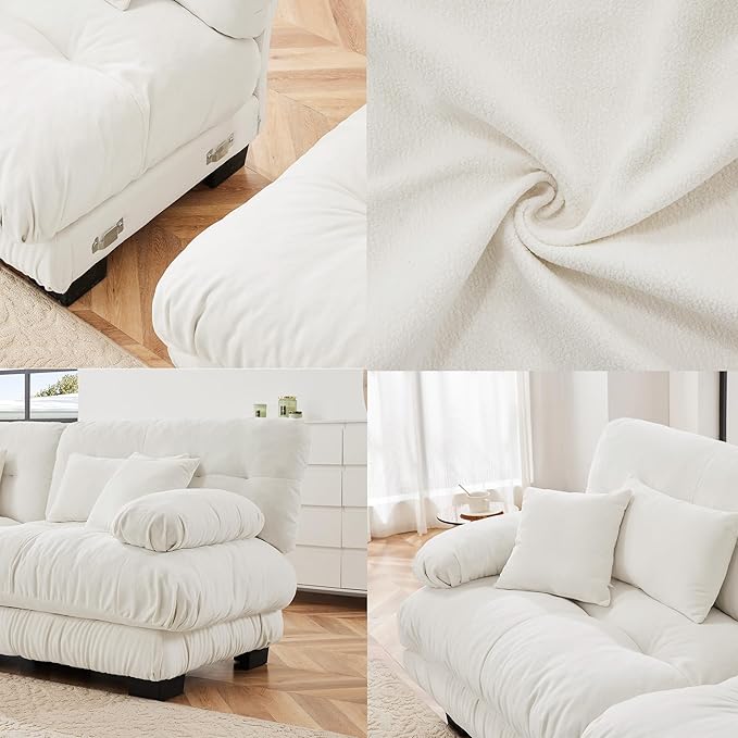 Loveseat Modular Sectional Sofa, U Shaped Couch with Ottoman, Cloud Couch Sectional Couch Home Sofa Living Room Oversized Couch Deep Seat Couch with Round Bolster Armrests 4 Pillows(White)