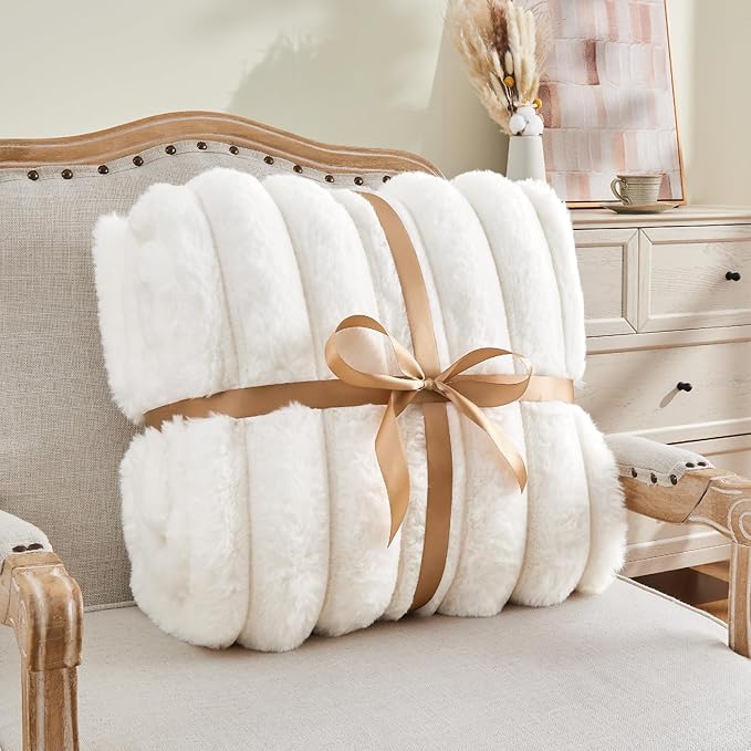 BEDELITE Faux Fur Throw Blanket for Couch, Soft and Cozy Luxurious 3D Striped Fluffy Blanket, 770GSM Thick Warm Plush Fuzzy Faux Rabbit Fur Blanket for Women Gift (Cream, 60