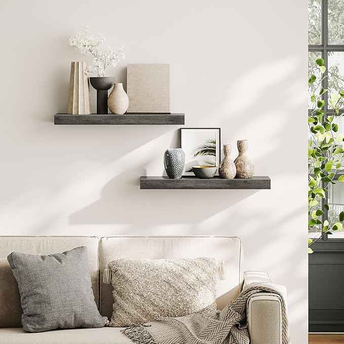 HOOBRO Floating Shelves for Wall, Wall Mounted Shelf Set of 2, 23.6" Hanging Shelf with Invisible Brackets, for Wall in Bathroom, Bedroom, Toilet, Kitchen, Living Room, Office, Charcoal Gray BC60BJ01