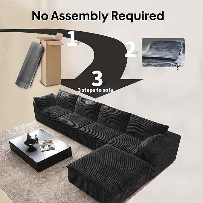 157.5" L Shaped Modern Sofa Modular Sectional Cloud Couch with Ottoman,Deep Seat Upholstered Couches with Corduroy Fabric for Living Room Furniture,Bedroom and Apartment,No Assembly Required,Black