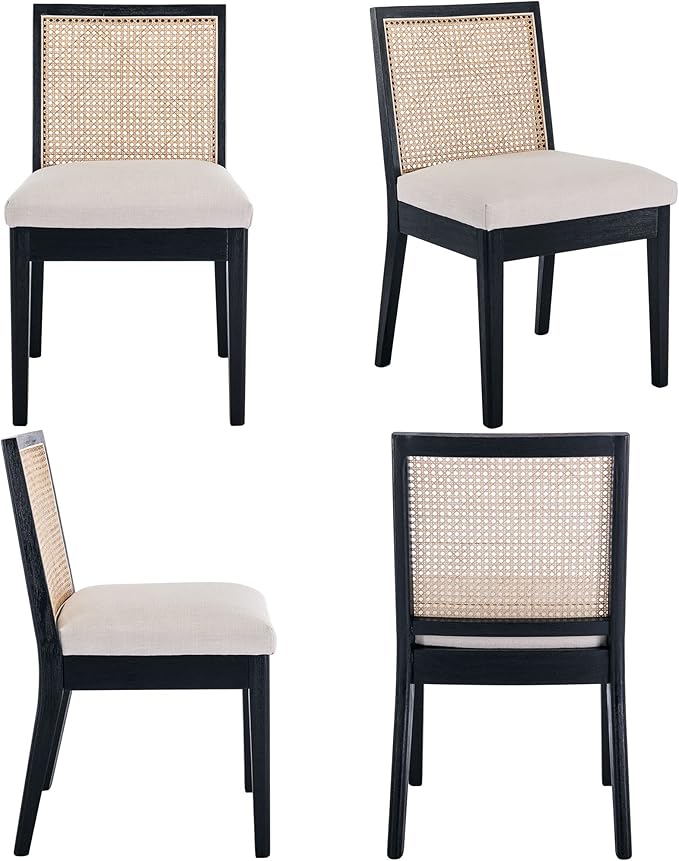 VESCASA Upholstered Dining Chairs with Square Rattan Back, Armless Padded Linen Cushion Dining Chairs with Wood Legs for Dining Room, Kitchen, Set of 2, Black Frame