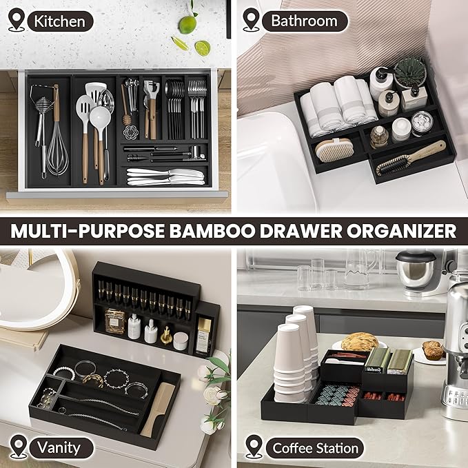 Kitchen Drawer Organizer Bins, Stackable Bamboo Drawer Organizer for Silverware, Flatware, Deep Office Desk Organizer Tray, Desktop Pen, Office Organization Black 9