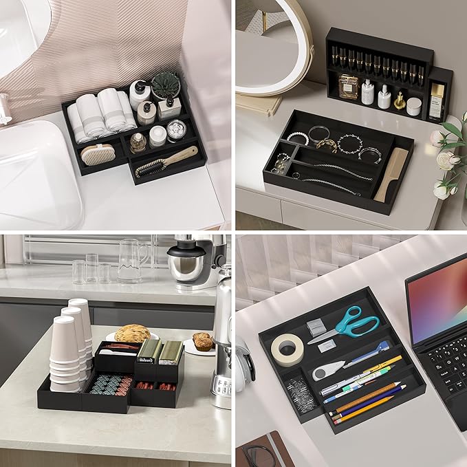 Kitchen Drawer Organizer Bins, Stackable Bamboo Drawer Organizer for Silverware, 2 Pcs Toilet Paper Basket Holder, Wood Bathroom Tray Countertop, Toilet Tank Tray Black 15