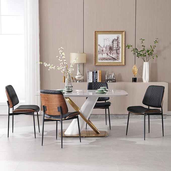 BV Dining Chairs Set of 4, PU Leather Armless Kitchen Chair in Modern Walnut Style, Mid Century Bentwood Side Chair with Metal Legs, Retro Accent Guest Chair for Kitchen Dining Room(Black)