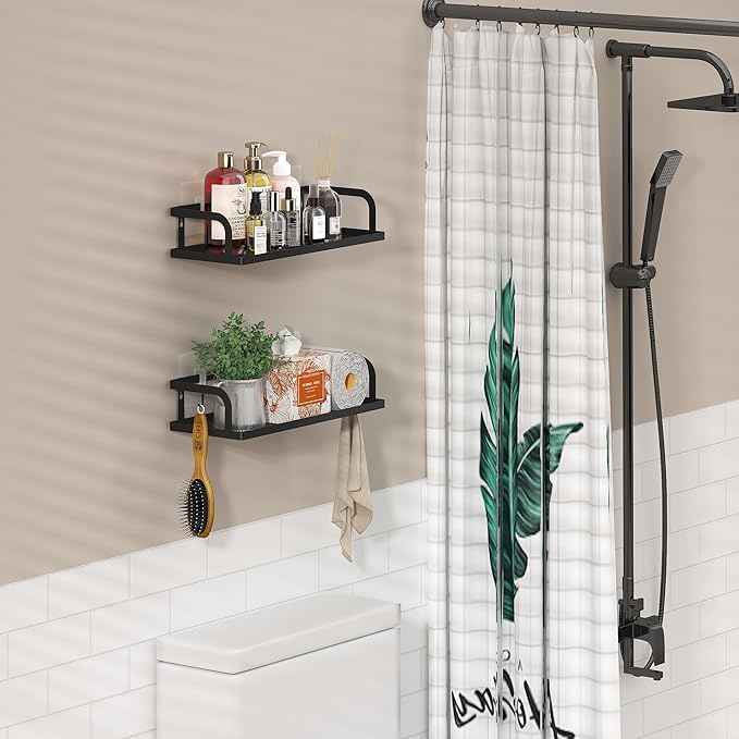 PUSDON Hanging Storage Baskets Organizer Wall Mount, Metal Wire Storage Bin Rack for Kitchen Bathroom Shower Spice Shelf Home Decor Essentials Black-2 Packs (Hollowout)