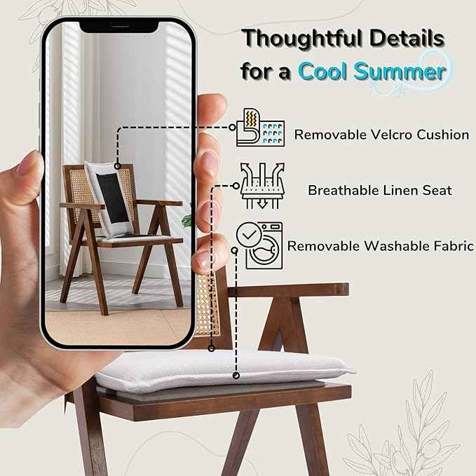 Rattan Dining Chairs Set of 6, Farmhouse Wicker Dining Chairs with Removable Linen Cushion Accent Cane Armchair for Dining Room Kitchen Restaurant, Walnut