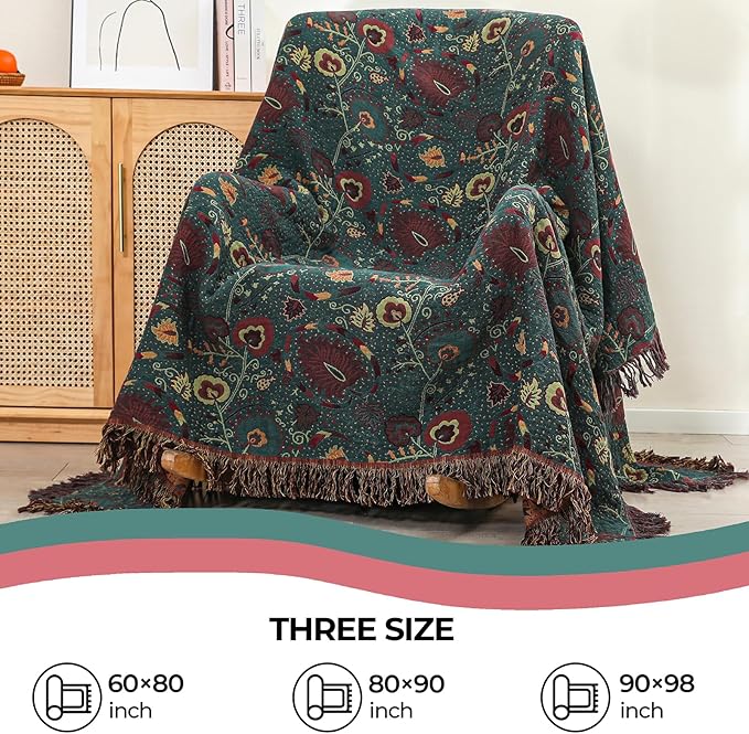 Boho Fall Throw Blanket for Bed，100% Ultra Cotton Soft Breathable Bed Throw Floral Printed Farmhouse Decor Rustic Bed Throws for Couch Sofa Quilt 80
