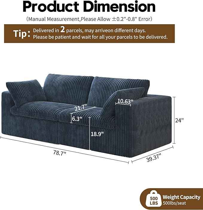 78.74" LoveSeat Cloud Sofa,Modular Sectional Couch,Modern Deep Seat Upholstered Couches with Plush Corduroy Fabric for Living Room Furniture,Bedroom and Apartment,No Assembly Required,Blue