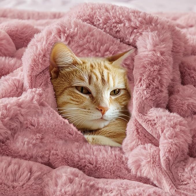 BEDELITE Faux Fur Throw Blanket for Couch, Soft and Cozy Luxurious 3D Striped Fluffy Blanket, 770GSM Thick Warm Plush Fuzzy Faux Rabbit Fur Blanket for Women Gift (Pink, 60