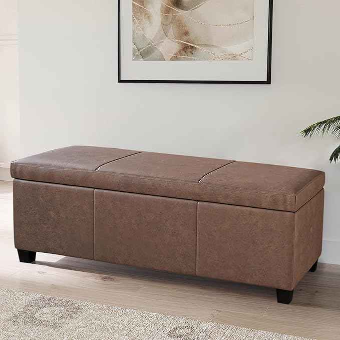 BELLEZE 47 Inch Storage Ottoman, Faux Leather Storage Bench Bedroom Bench with Safety Close Hinge, Ottoman with Storage for Living Room, Entryway, Hallway, Foot Rest, Support 300lbs - Rustic Brown