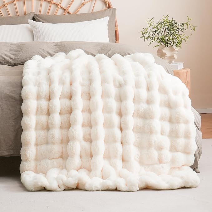 BENVWE Faux Fur Throw Blanket for Couch - Thickened Fluffy Soft Bubble Blanket for Living Room Home Decor - Mothers Day Birthday Gifts for Women Men, Cream White, 50