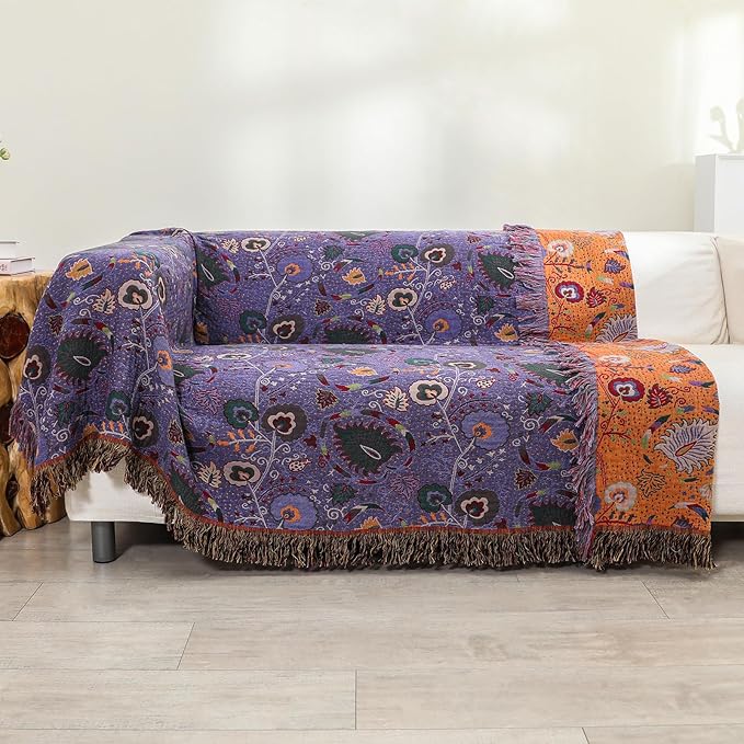 Boho Fall Throw Blanket for Bed Purple Flowers，100% Ultra Cotton Soft Breathable Bed Throw Floral Printed Farmhouse Decor Rustic Bed Throws for Couch Sofa Quilt 80