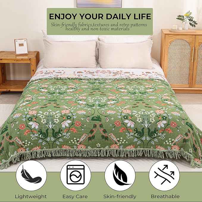 Boho Throw Blanket for Bed, 100% Cotton Ultra Soft Rustic Quilt King Blanket Florals and Animals Printed Farmhouse Decor Large Bed Blankets,90