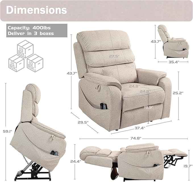 Power Lift Recliner Chair for Adults Elderly Lay Flat Velvet Recliners with Massage Heating, Extended Footrest, Wireless Charging Device, USB Ports, Cup Holder, Lumbar Pillow