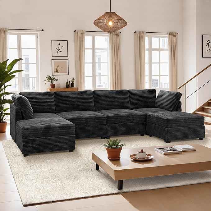 Modular Sectional Sofa, 130.7 Inch U Shaped Couch Set for Living Room, 4-Seater Comfy Cloud Couches with Two Movable Ottoman, Plush Corduroy, Black
