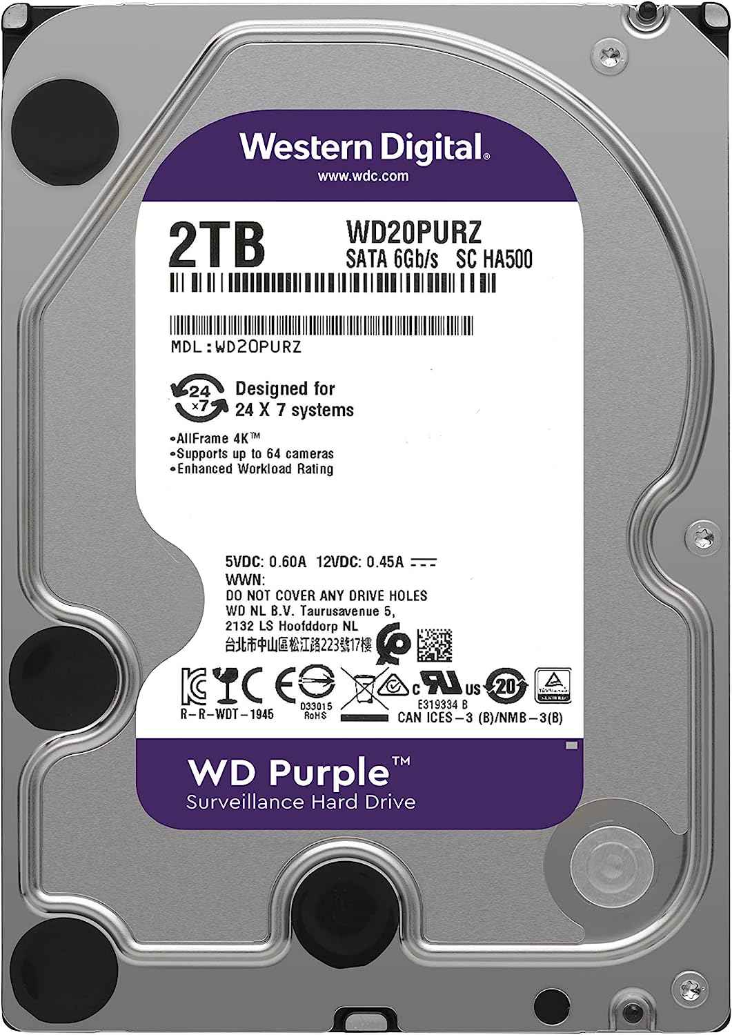 WD Purple 2TB Surveillance Internal Hard Drive HDD - SATA 6 Gb/s, 64 MB Cache, 3.5" - WD20PURZ