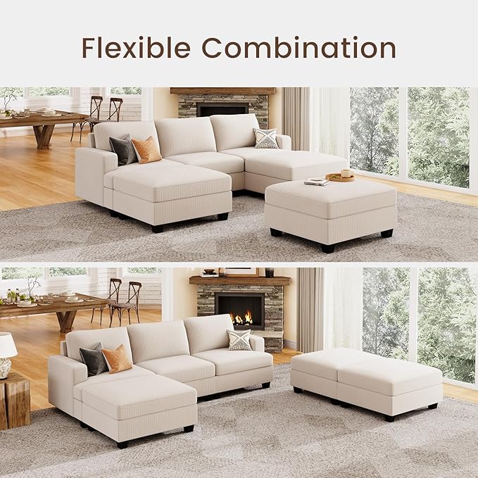 Nolany Corduroy Sectional Couch with Storage Ottoman, Sleeper Sectional Sofa with Chaise, Modular Sectional Couches for Living Room, Beige
