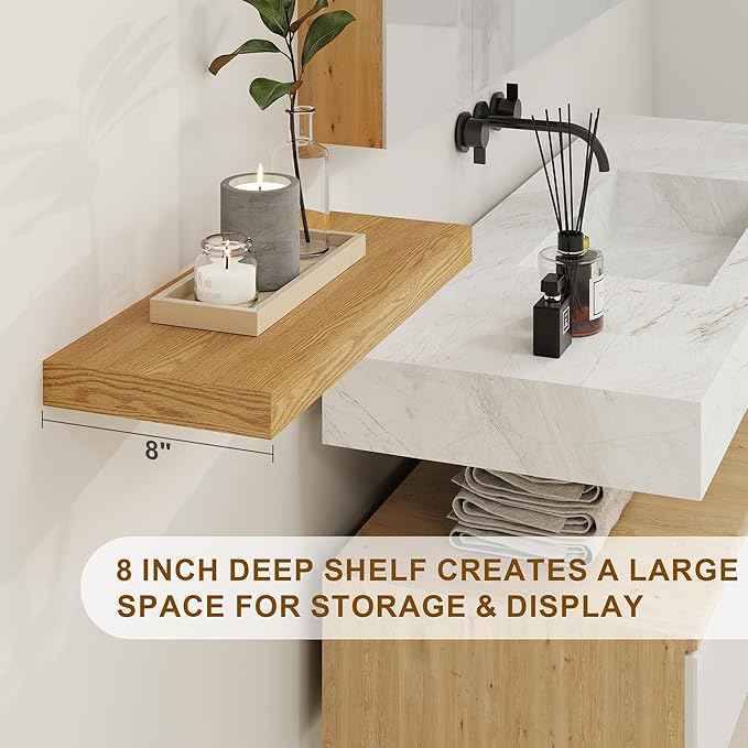Fun Memories Floating Shelves, 8 Inch Deep Floating Shelves, Rustic Wood Fireplace Mantel 48 in Long, 48 x 8 Floating Wall Shelves for Living Room, Kitchen, Bedroom, Oak Color, 1 Pack