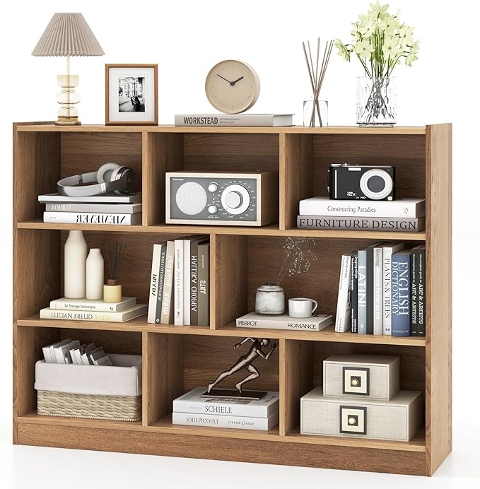 Tangkula 8-Cube Bookcase, Wood 3 Tier Open Storage Bookshelf, Modern Multipurpose Display Cabinet for Living Room, Study, Reading Nook, 48 x 12.5 x 36.5 Inch, Natural