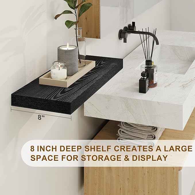 Black Floating Shelves 48 Inch Long, 8 Deep Floating Shelves for Wall, Rustic 48