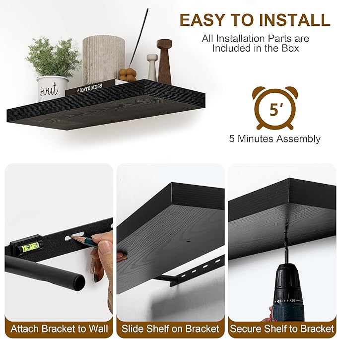 Black Floating Shelves 48 Inch Long, 8 Deep Floating Shelves for Wall, Rustic 48