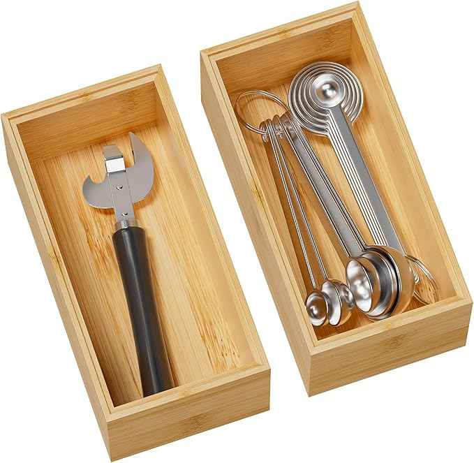 Kitchen Drawer Organizer Bins, Stackable Bamboo Deep Drawer Organizer for Silverware, Utensils, Cutlery, Flatware, Junk Drawer, Dresser, Bathroom, 6