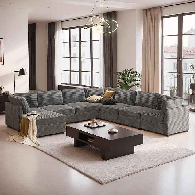 Modular Sectional Sofa with Chaise U Shaped Sectional Couch for Living Room, 8-Seater Comfy Cloud Couches with One Movable Ottoman, Plush Corduroy, Gray