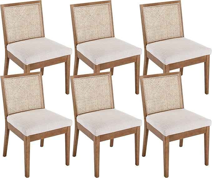 VESCASA Upholstered Dining Chairs with Square Rattan Back, Armless Padded Linen Cushion Dining Chairs with Wood Legs for Dining Room, Kitchen, Set of 6, Natural Frame