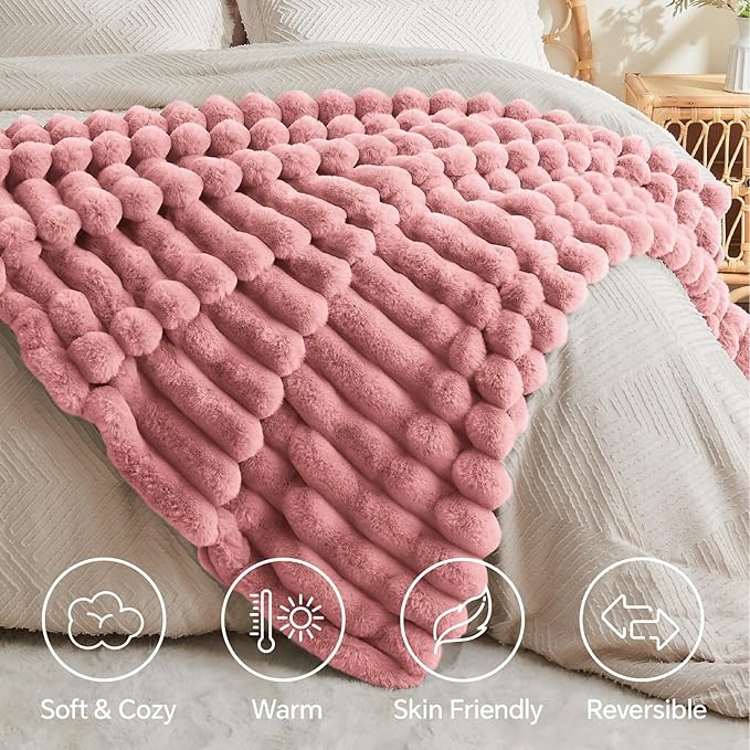 BEDELITE Faux Fur Throw Blanket for Couch, Soft and Cozy Luxurious 3D Striped Pink Fluffy Blanket, 770GSM Thick Warm Plush Fuzzy Faux Rabbit Fur Blanket for Women Gift, 50