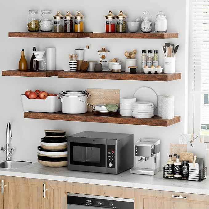 Fun Memories Floating Shelves - 12 Inch Rustic Wooden Wall Shelves - Extra Deeper & Thicker Wall Mounted Storage Shelf for Living Room, Kitchen, Farmhouse - 48