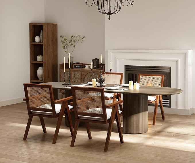 Rattan Dining Chairs Set of 6, Farmhouse Wicker Dining Chairs with Removable Linen Cushion Accent Cane Armchair for Dining Room Kitchen Restaurant, Walnut