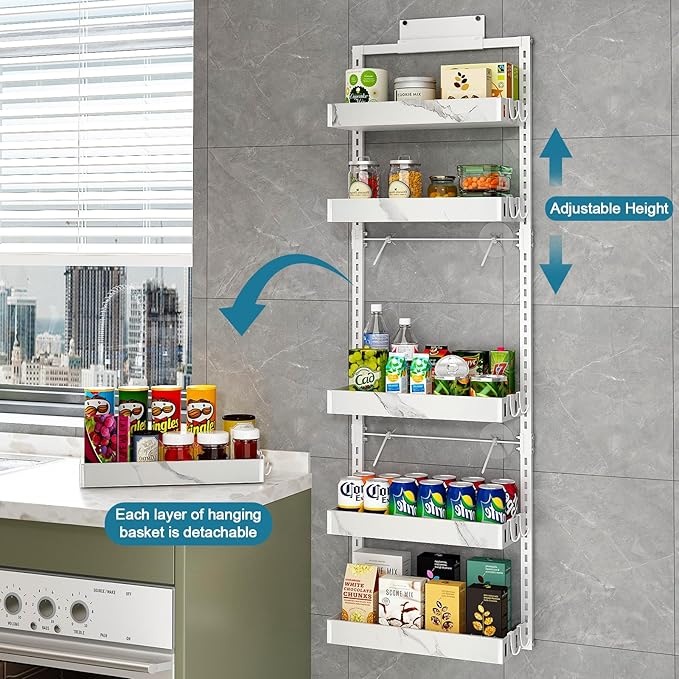 bukfen Over the Door Pantry Organizer, 6-Tier Adjustable Basket Kitchen Pantry Door Organization and Storage, Heavy-Duty Metal Hanging Kitchen Spice Rack,D6.3 x W17.32 x H50.60 inch,White Marble Color