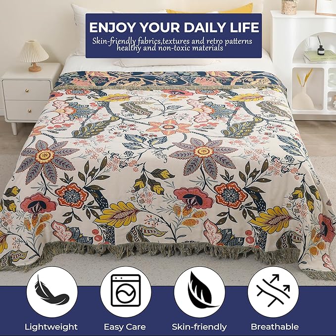 Boho Cotton Throw Blanket - Ultra-Soft Rustic Quilt for Bed, Home Decor & Travel - Large 60