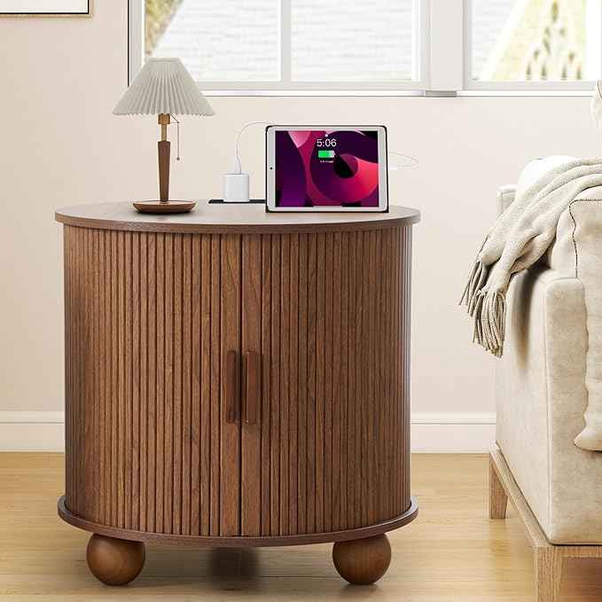 Farmhouse Round End Table with Charging Station, 24" Large Fluted Sofa Side Table with Sliding Tambour Door & Storage, Mid-Century Wood Nightstand for Living Room, Bedroom (Walnut)