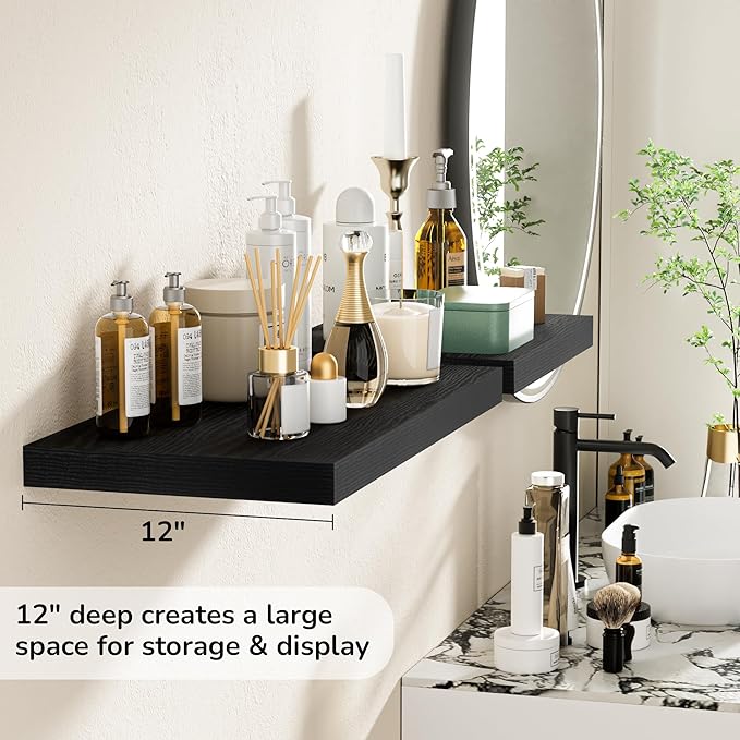 Fun Memories Floating Shelves - 2 Pack 12 Inch Rustic Wooden Wall Shelves - Extra Deeper & Thicker Wall Mounted Storage Shelf for Living Room, Kitchen, Farmhouse - 24