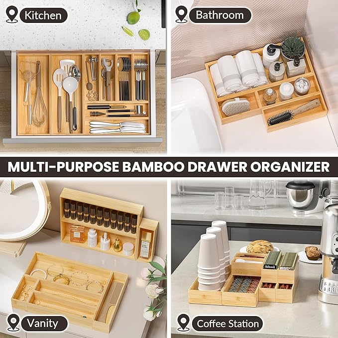 Kitchen Drawer Organizer Bins, Stackable Bamboo Drawer Organizer for Silverware, Flatware, Deep Office Desk Drawer Organizer Tray, Desktop Pen, Office Organization 9