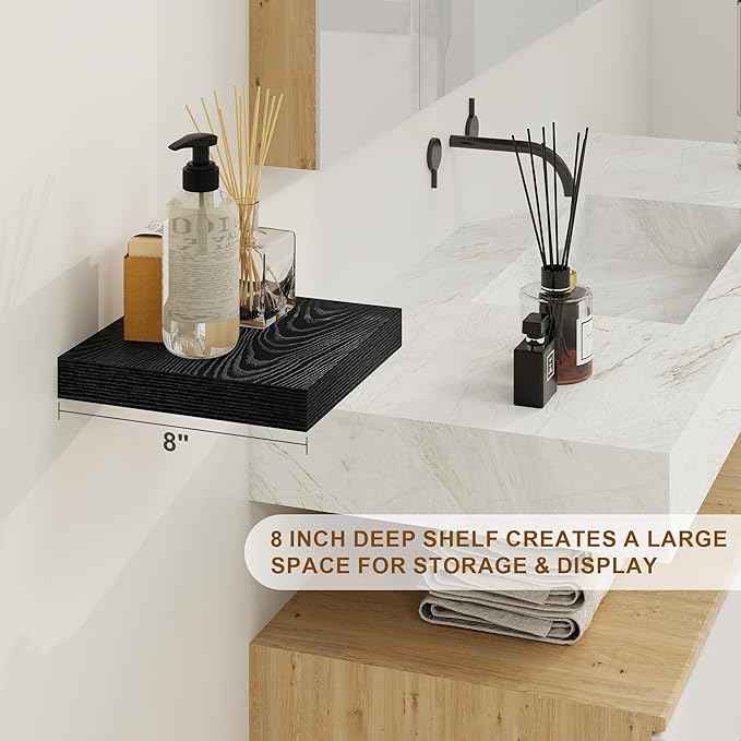 Fun Memories Black Floating Shelves 8 Inch Long, 8" Deep Wall Shelves, Small Deep Floating Shelf Square Wall Shelf, Rustic Display Shelves for Living Room, Bathroom, Kitchen, Set of 2
