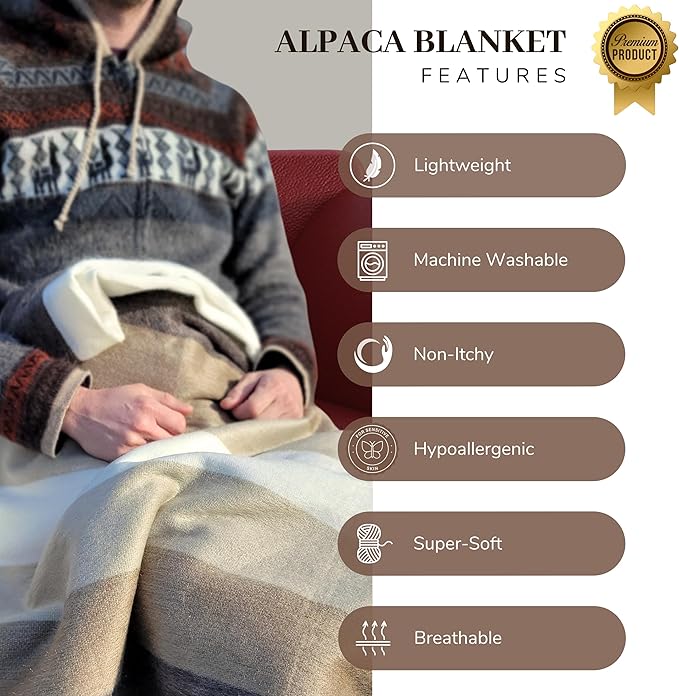 LATITUDE ZERO, Alpaca Wool Throw Blanket | Warm, Ultra-Soft, Breathable, Non-Itchy Blanket-Throw | Hypoallergenic and Beautiful Fabric (Brown)