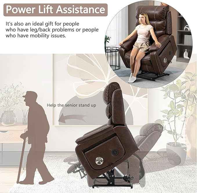 Power Lift Recliner Chair for Adults Elderly Lay Flat Leather Recliners with Massage Heating, Extended Footrest, Wireless Charging Device, USB Ports, Cup Holder, Lumbar Pillow, Up to 400LBS
