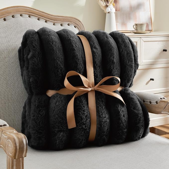 BEDELITE Faux Fur Throw Blanket for Couch, Soft and Cozy Luxurious 3D Striped Fluffy Blanket, 770GSM Thick Warm Plush Fuzzy Faux Rabbit Fur Blanket for Women Gift (Black, 60
