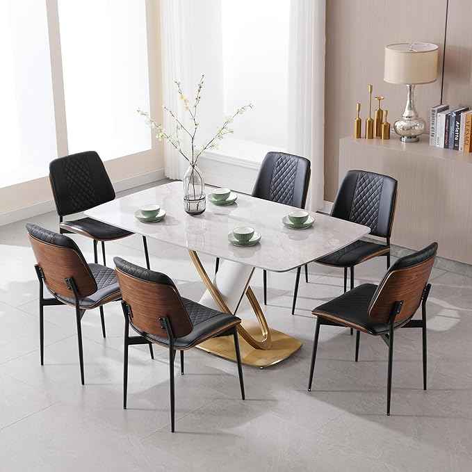 BV Dining Chairs Set of 6, PU Leather Armless Kitchen Chair in Modern Walnut Style, Mid Century Bentwood Side Chair with Metal Legs, Retro Accent Guest Chair for Kitchen Dining Room(Black)