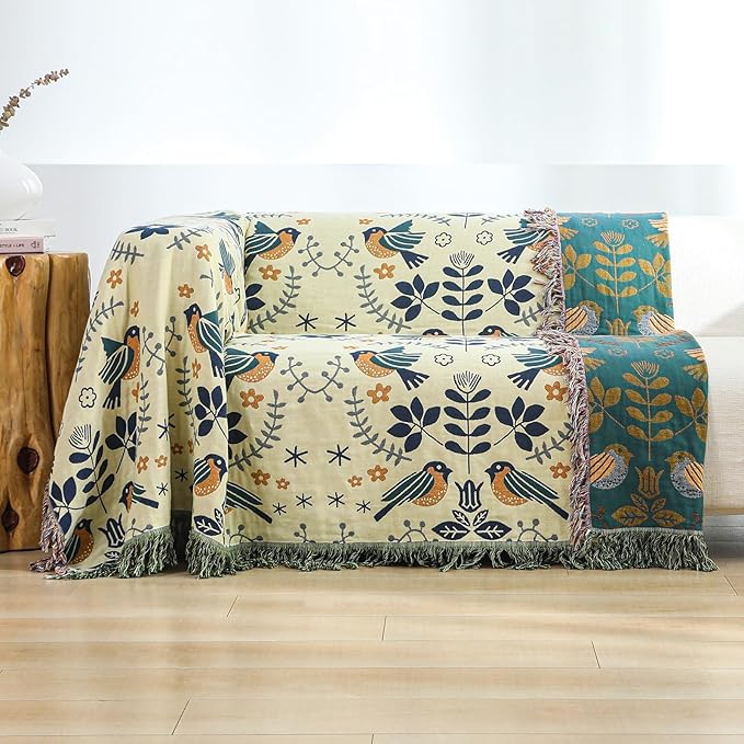 Boho Throw Blanket for Bed Couch 100% Cotton Woven Bed Throws for All Season Lightweight and Soft Cozy Farmhouse Reversible Muslin Decorative Blanket for Travel Picnic, Teal/Cream, 91''x98''